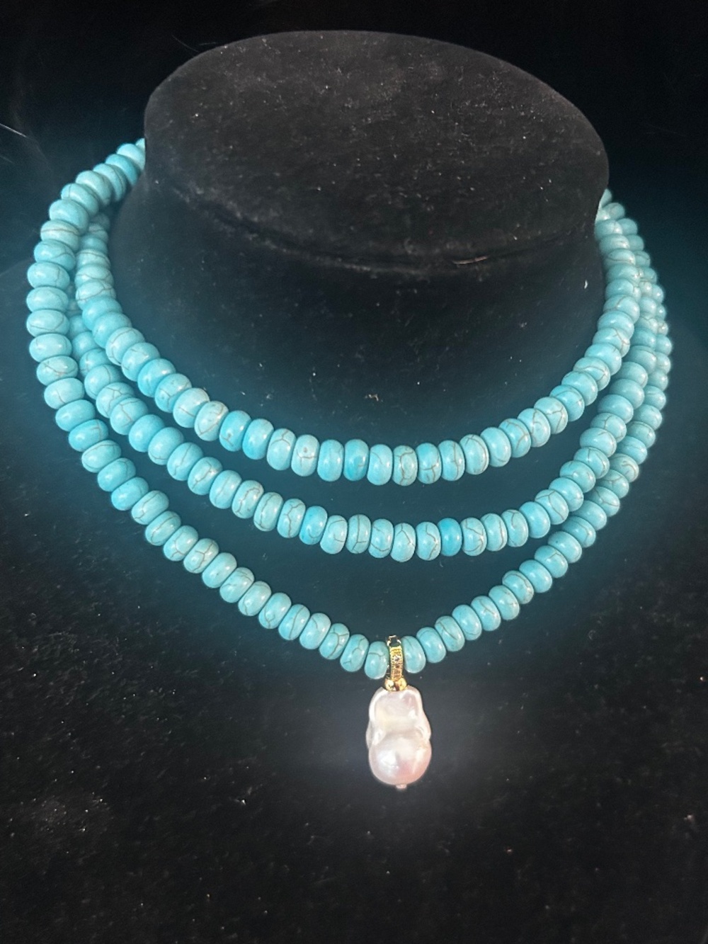 Turquoise beaded necklace with Real natural white freshwater  Baroque Pearl